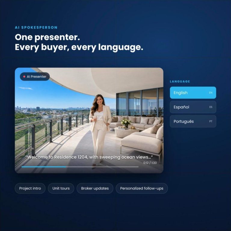 AI spokesperson video of a presenter touring a luxury Miami condo terrace, available in English, Spanish and Portuguese