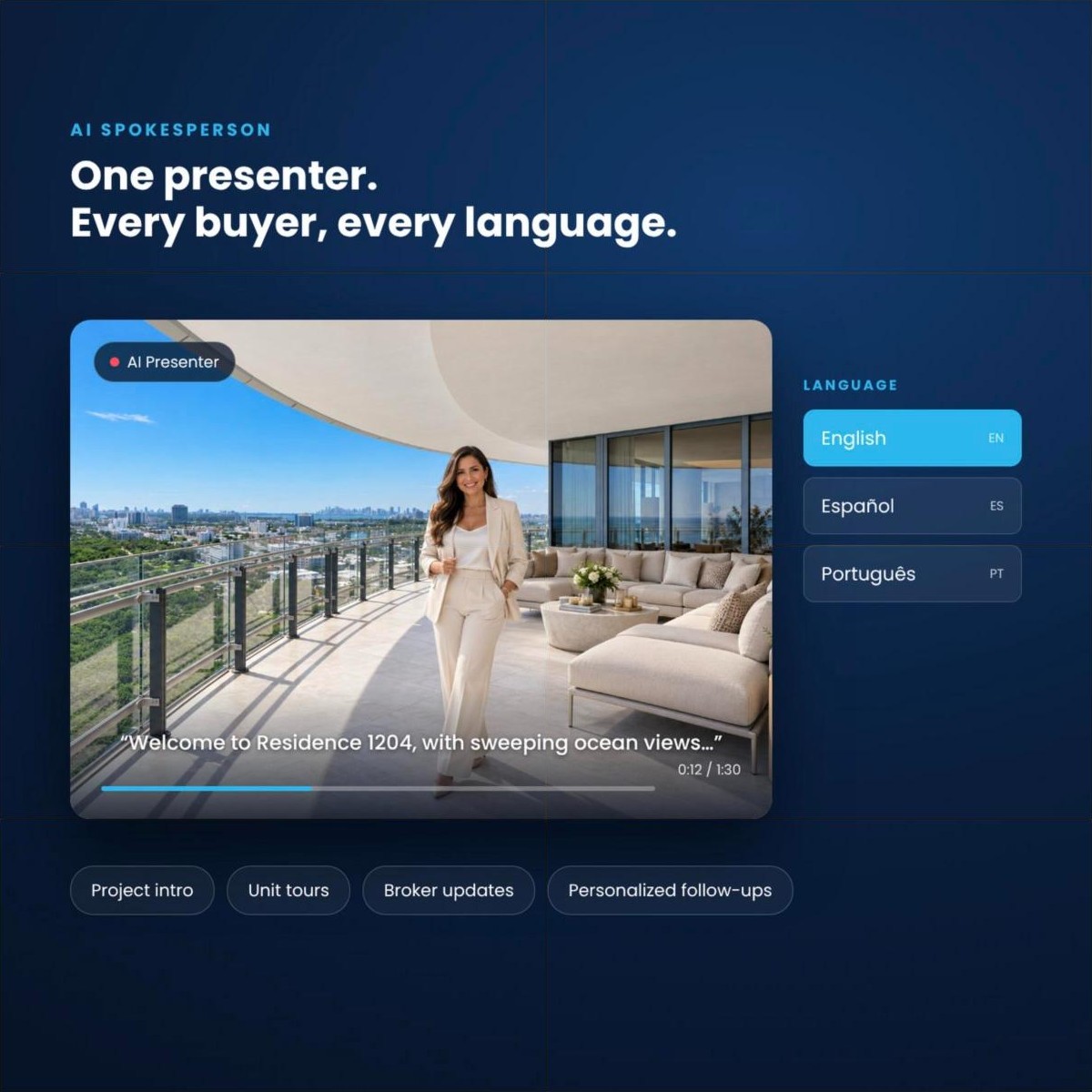 AI spokesperson video of a presenter touring a luxury Miami condo terrace, available in English, Spanish and Portuguese