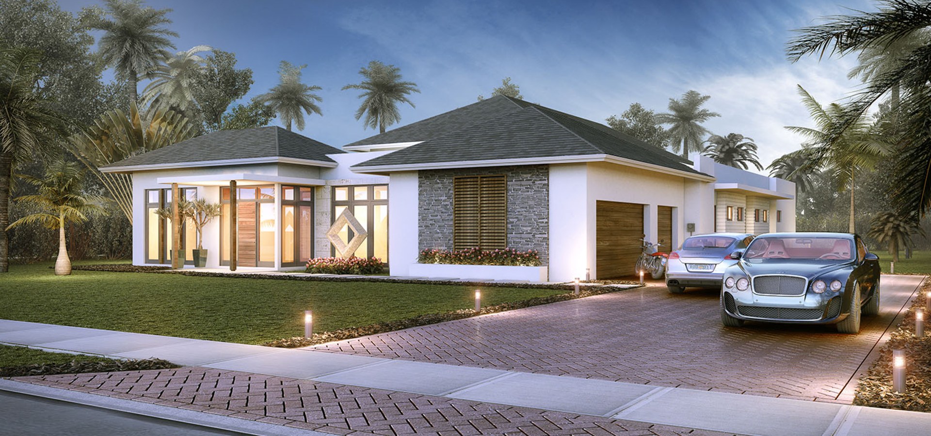 Exterior rendering of a modern residence at dusk