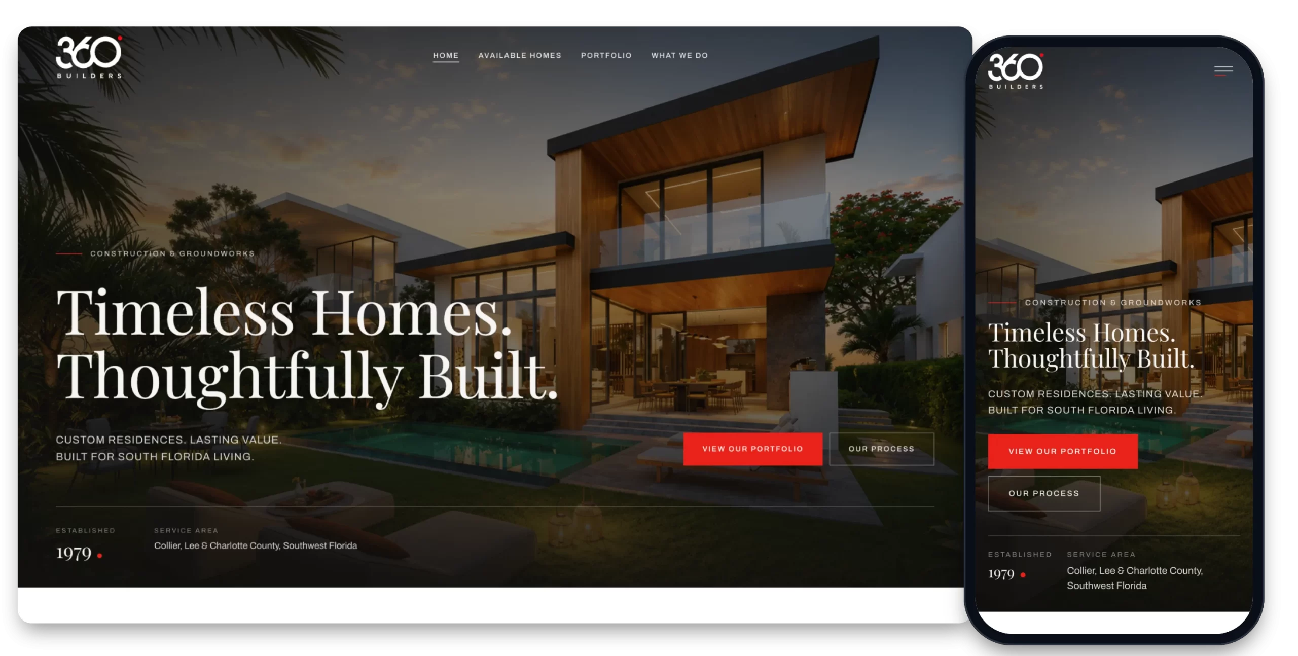 360 Builders website shown on desktop and mobile, designed and developed by Creative Mindworks