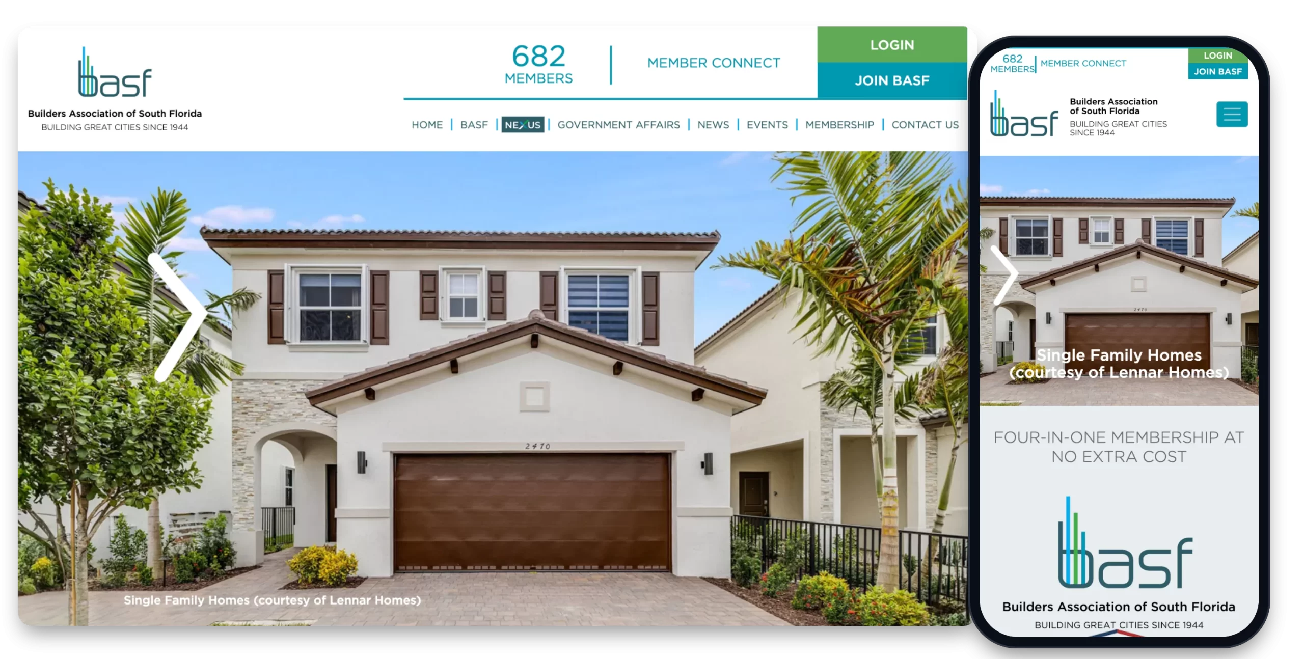 Builders Association of South Florida (BASF) website shown on desktop and mobile, designed and developed by Creative Mindworks