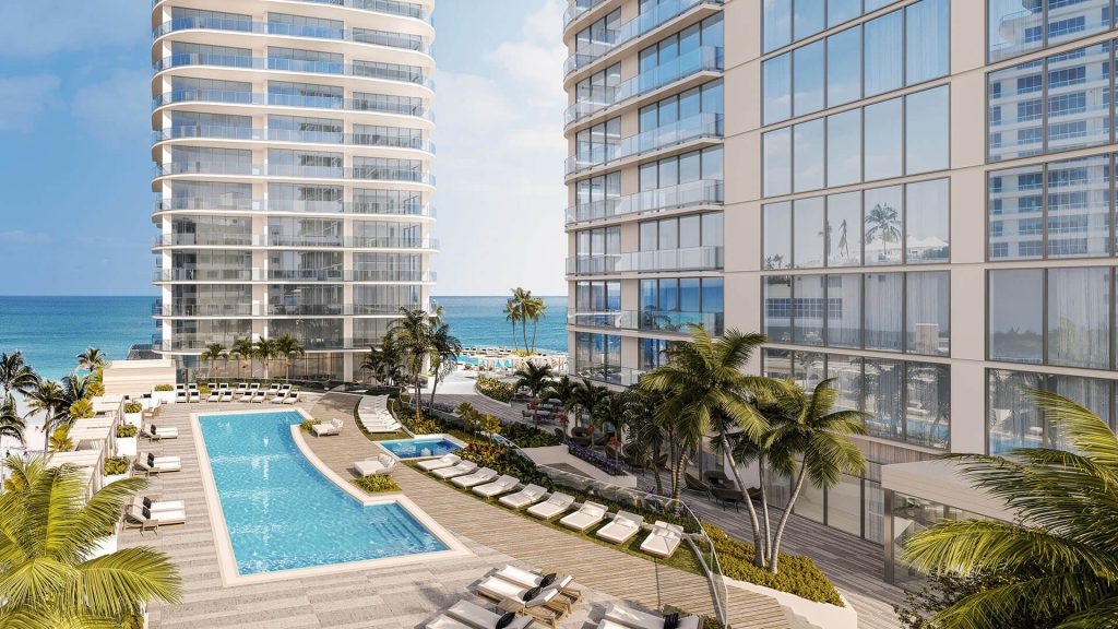 3D rendering of a beachfront condominium tower and pool deck