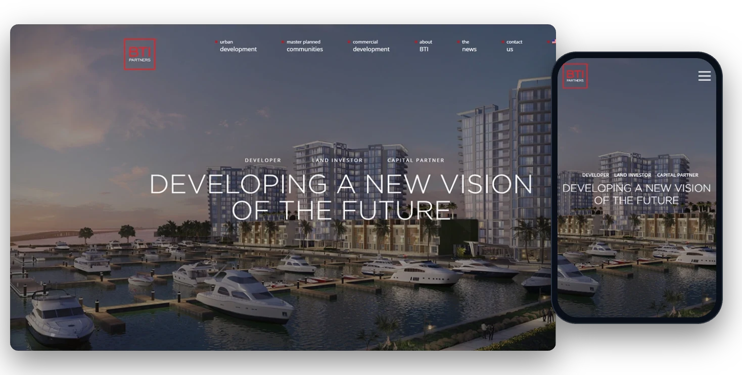 BTI Partners website shown on desktop and mobile, designed and developed by Creative Mindworks