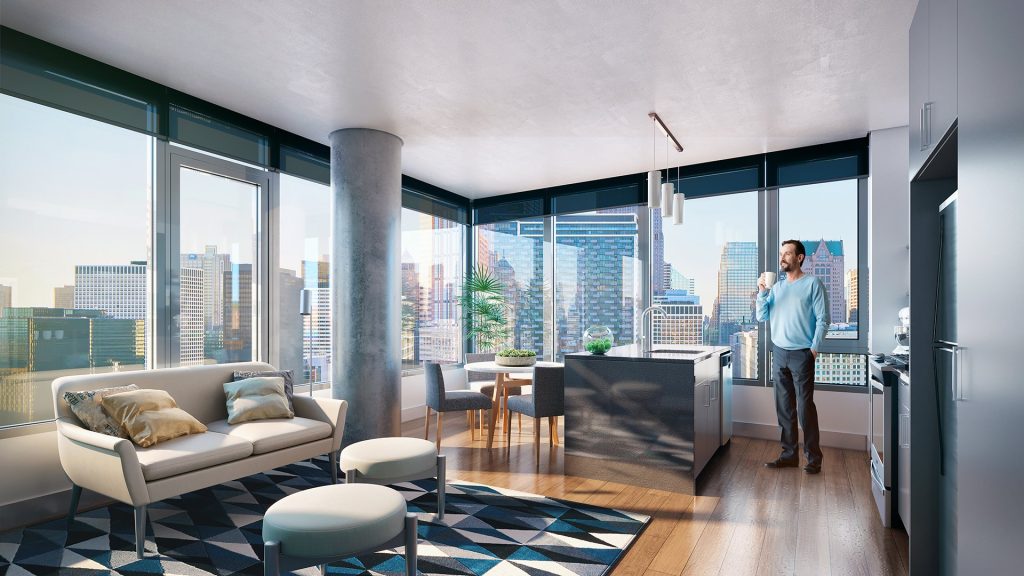 Interior 3D rendering of a high-rise condo living room with city views