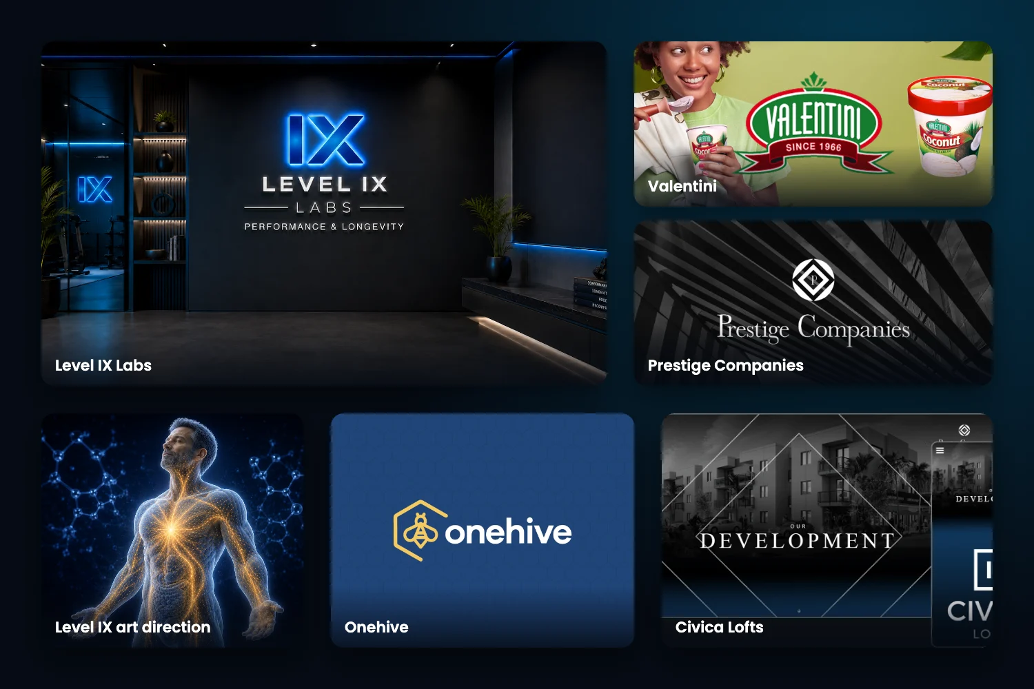 Brand work by Creative Mindworks for Level IX Labs, Valentini, Prestige Companies, Onehive and Civica Lofts