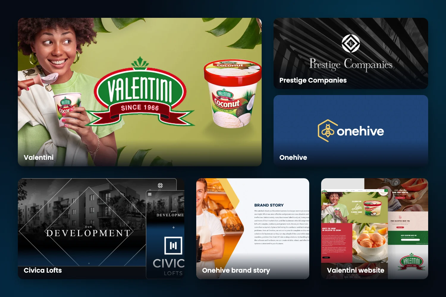 Brand identity work by Creative Mindworks for Valentini, Prestige Companies, Onehive and Civica Lofts