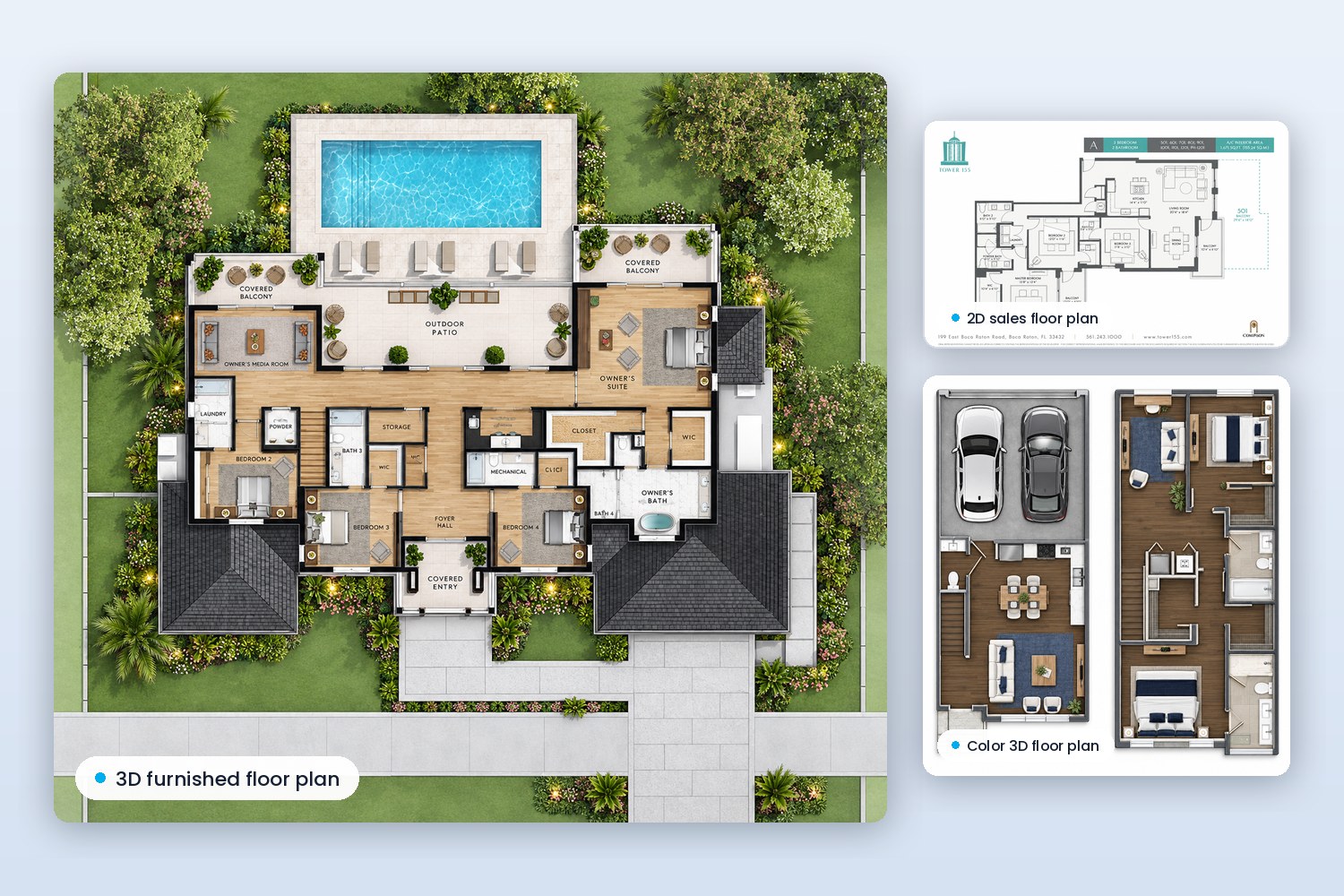 Floor plan samples: 3D furnished floor plan of a single-family estate, Tower 155 2D sales floor plan and a color 3D townhome floor plan