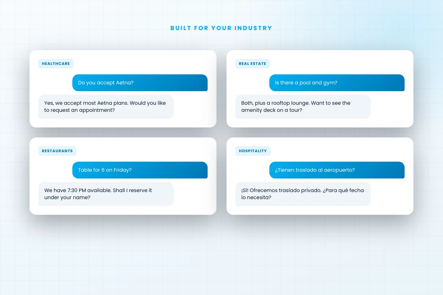 AI chatbot conversations for healthcare, real estate, restaurants and hospitality