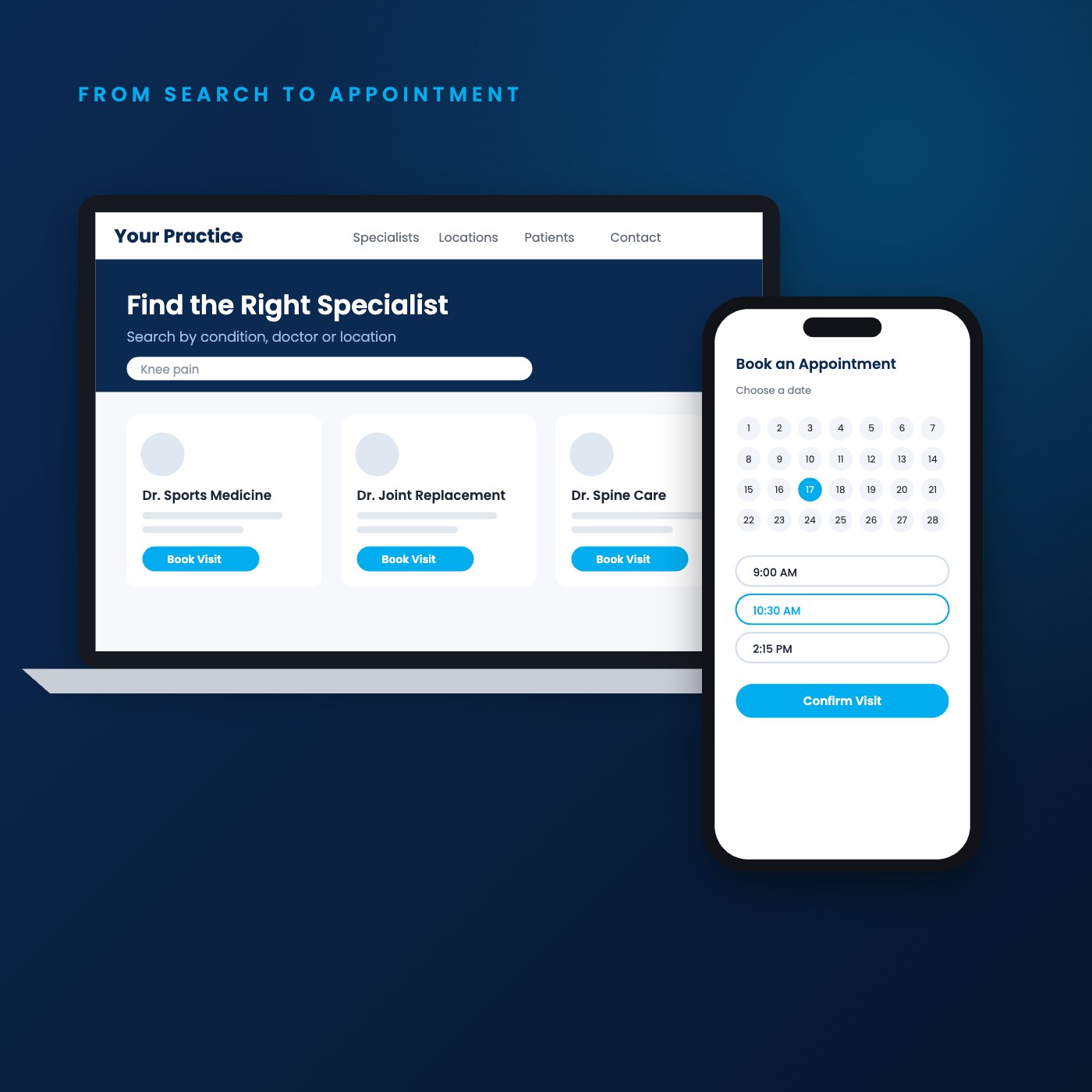 Medical practice website with specialist search and online appointment booking on phone