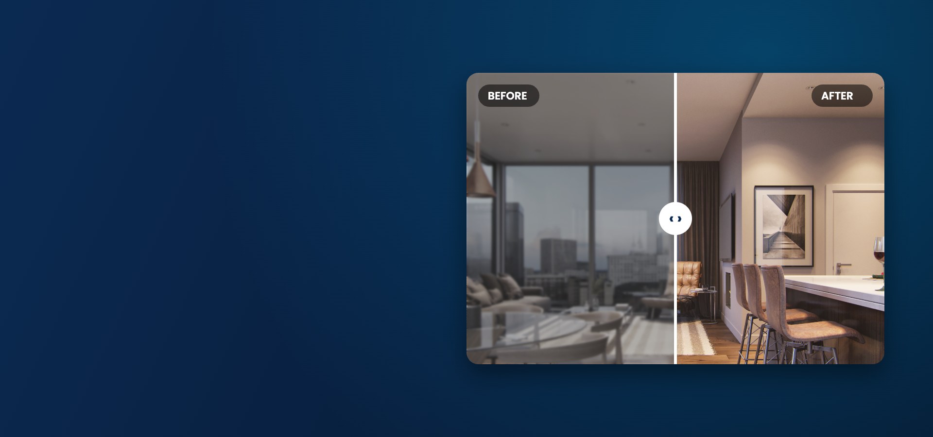 Before and after AI image enhancement of an interior