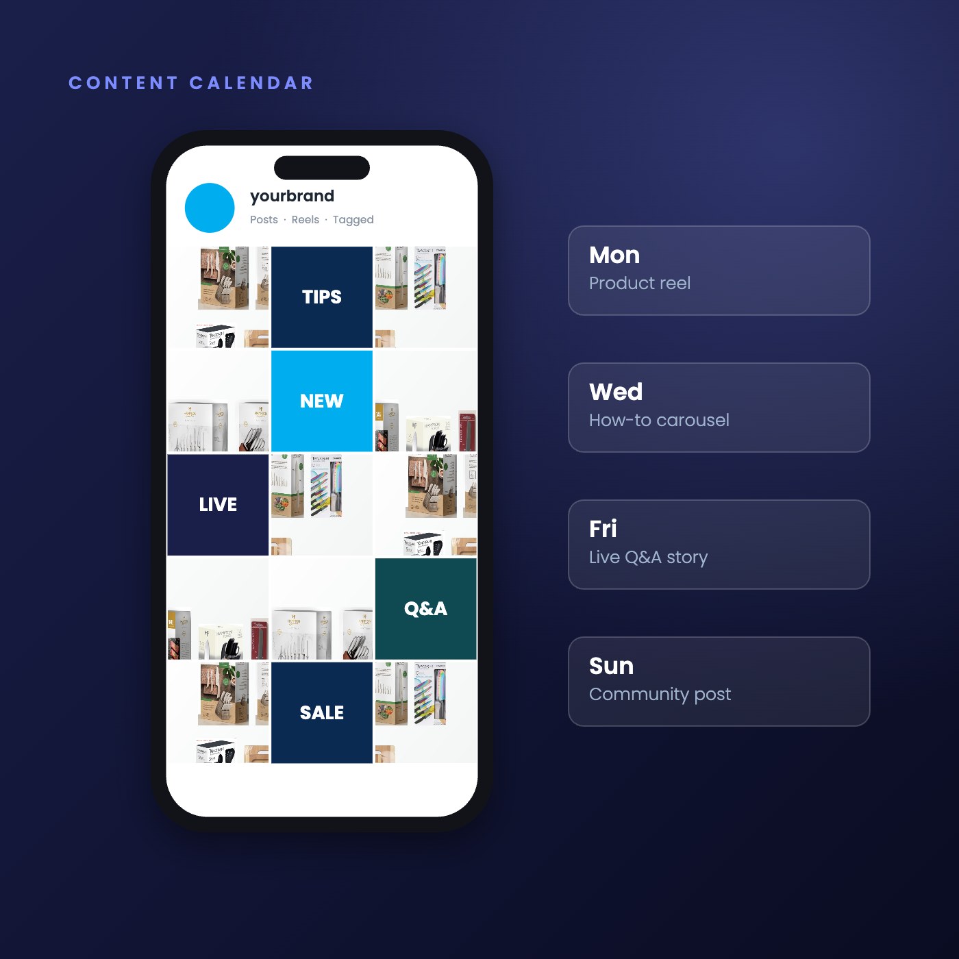 Social media content calendar and profile grid