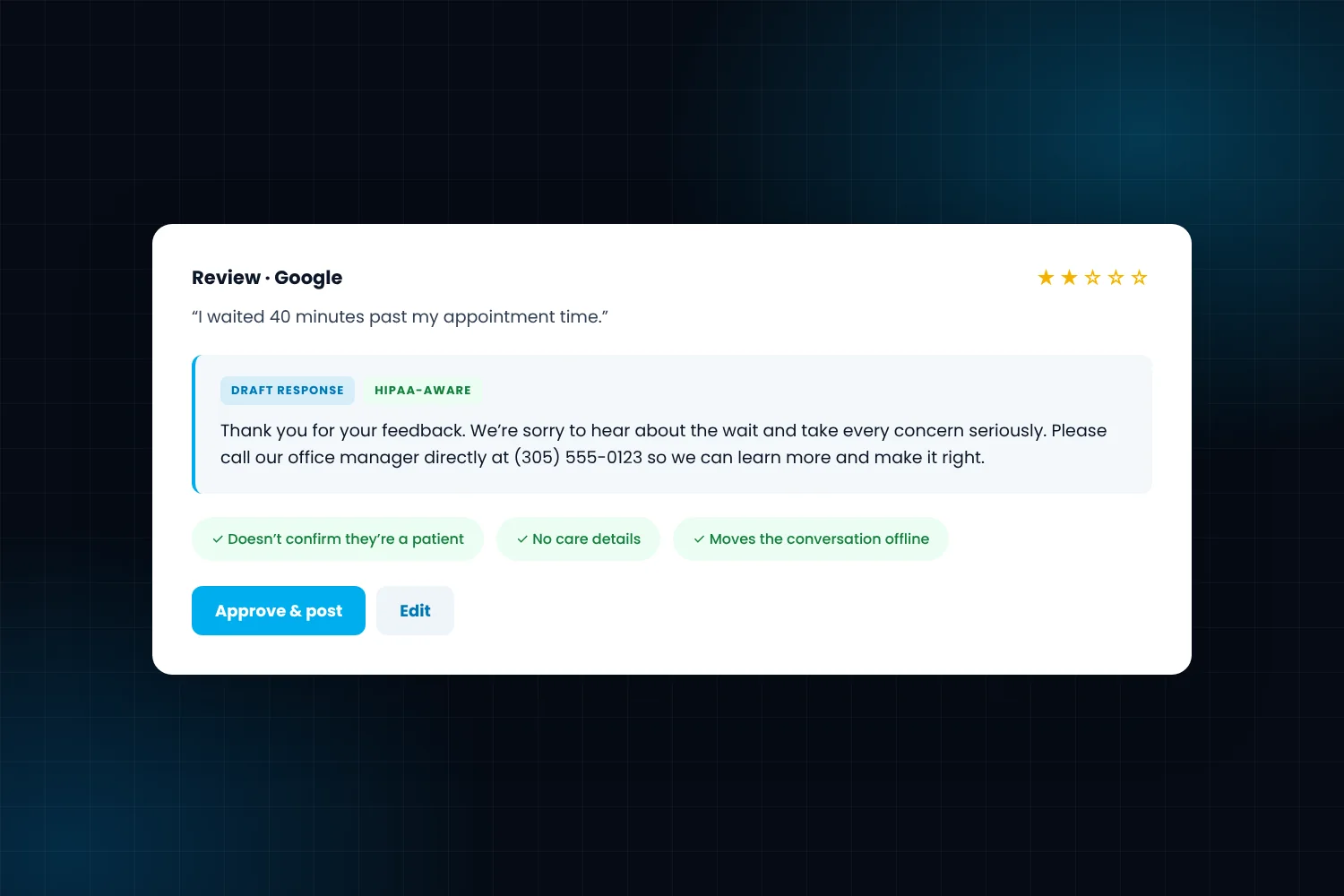 HIPAA-aware response to a patient review