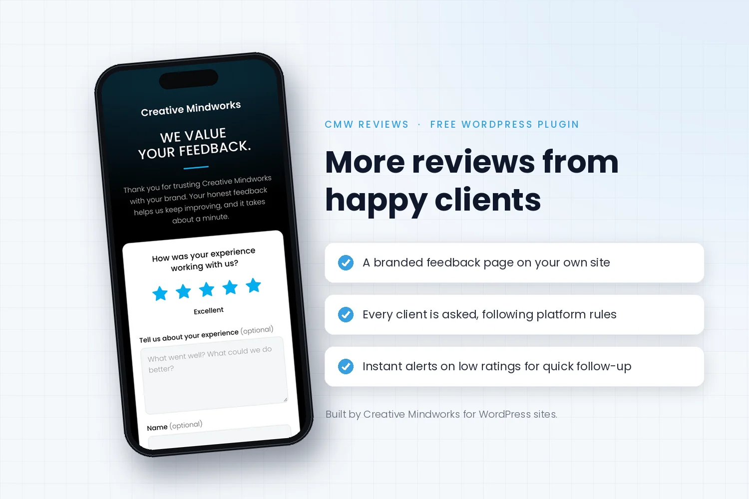 CMW Reviews feedback page on a phone with a 5-star rating, a free WordPress plugin by Creative Mindworks