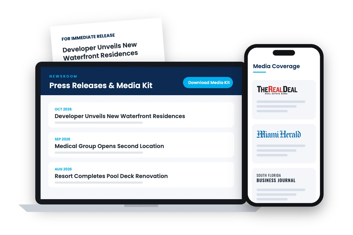Press release, online newsroom and media coverage on laptop and phone
