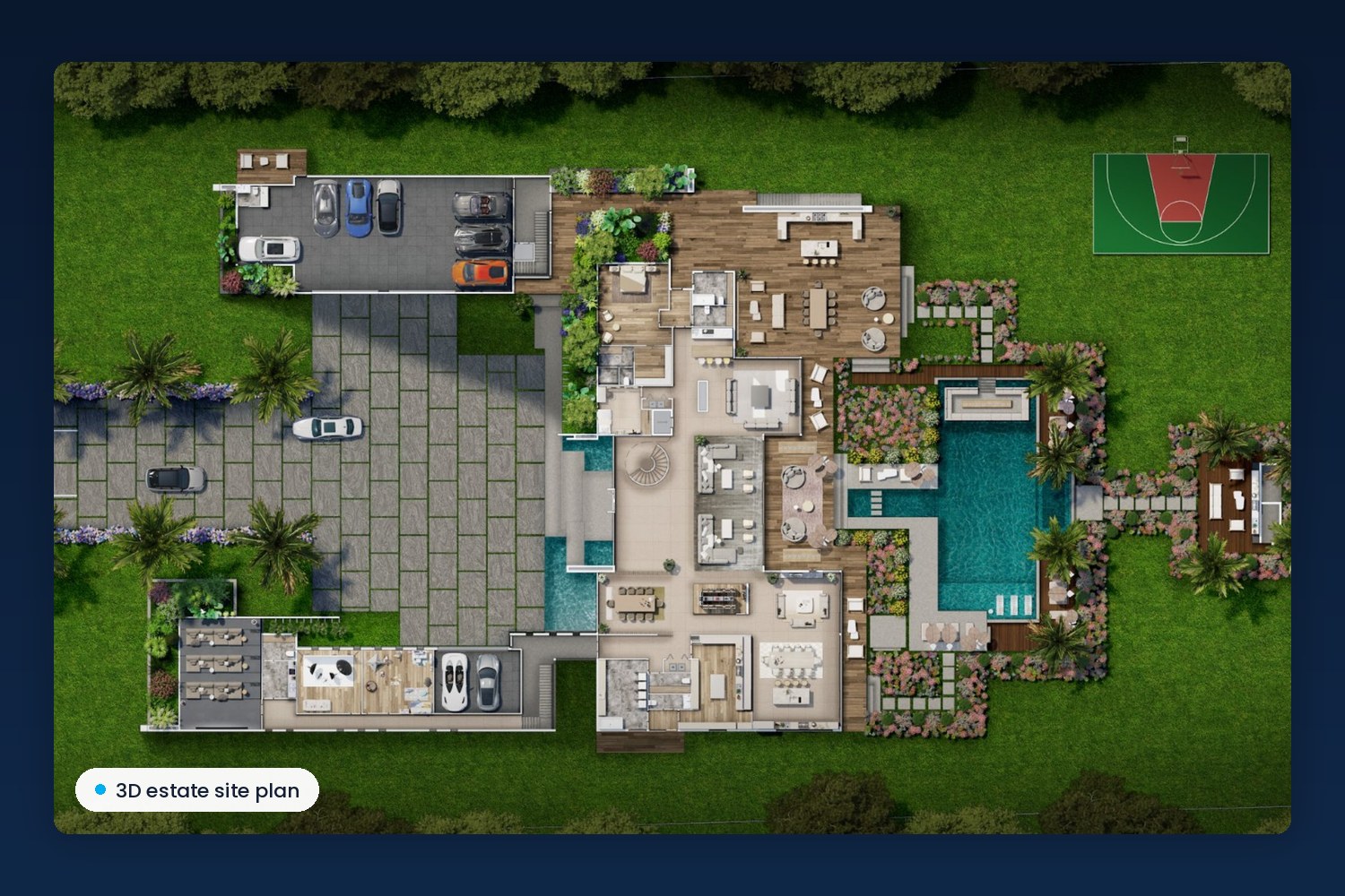 3D estate site plan with motor court, pool, landscaping and sports court