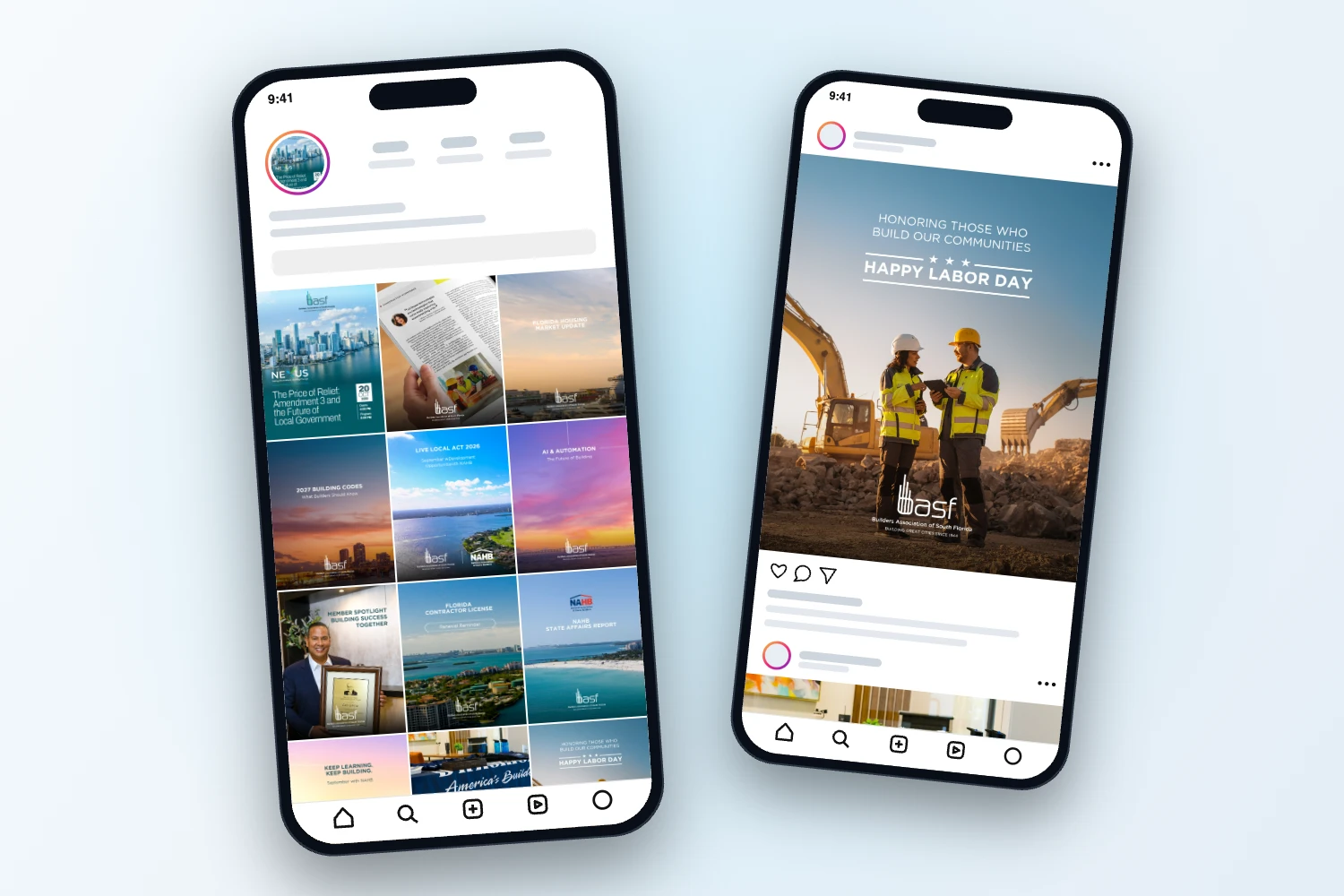 A complete Instagram feed and post for a trade association shown on phones