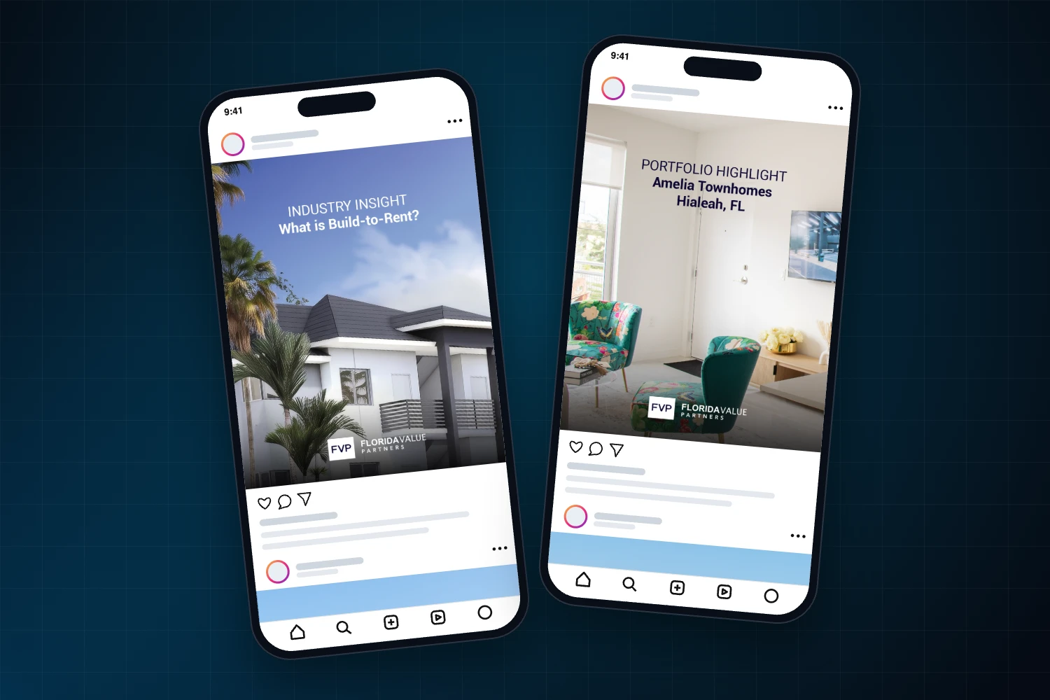 Sample branded Instagram posts for a real estate investment firm shown on phones
