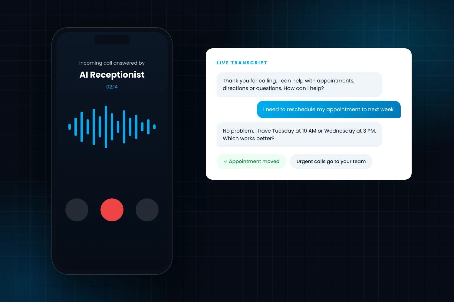 AI voice receptionist answering a call and rescheduling an appointment