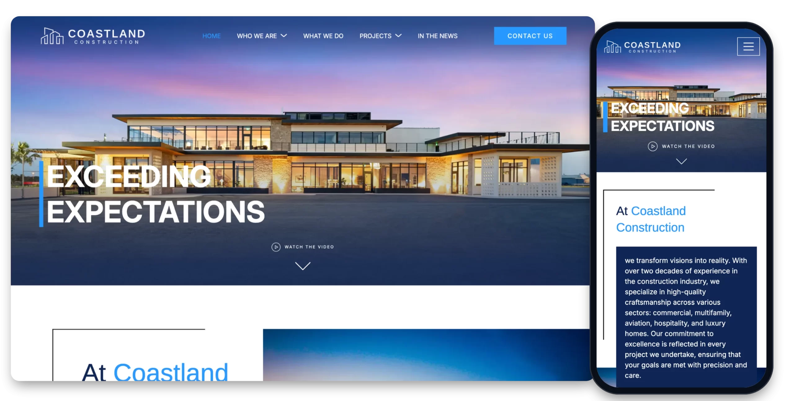 Coastland Construction website shown on desktop and mobile, designed and developed by Creative Mindworks