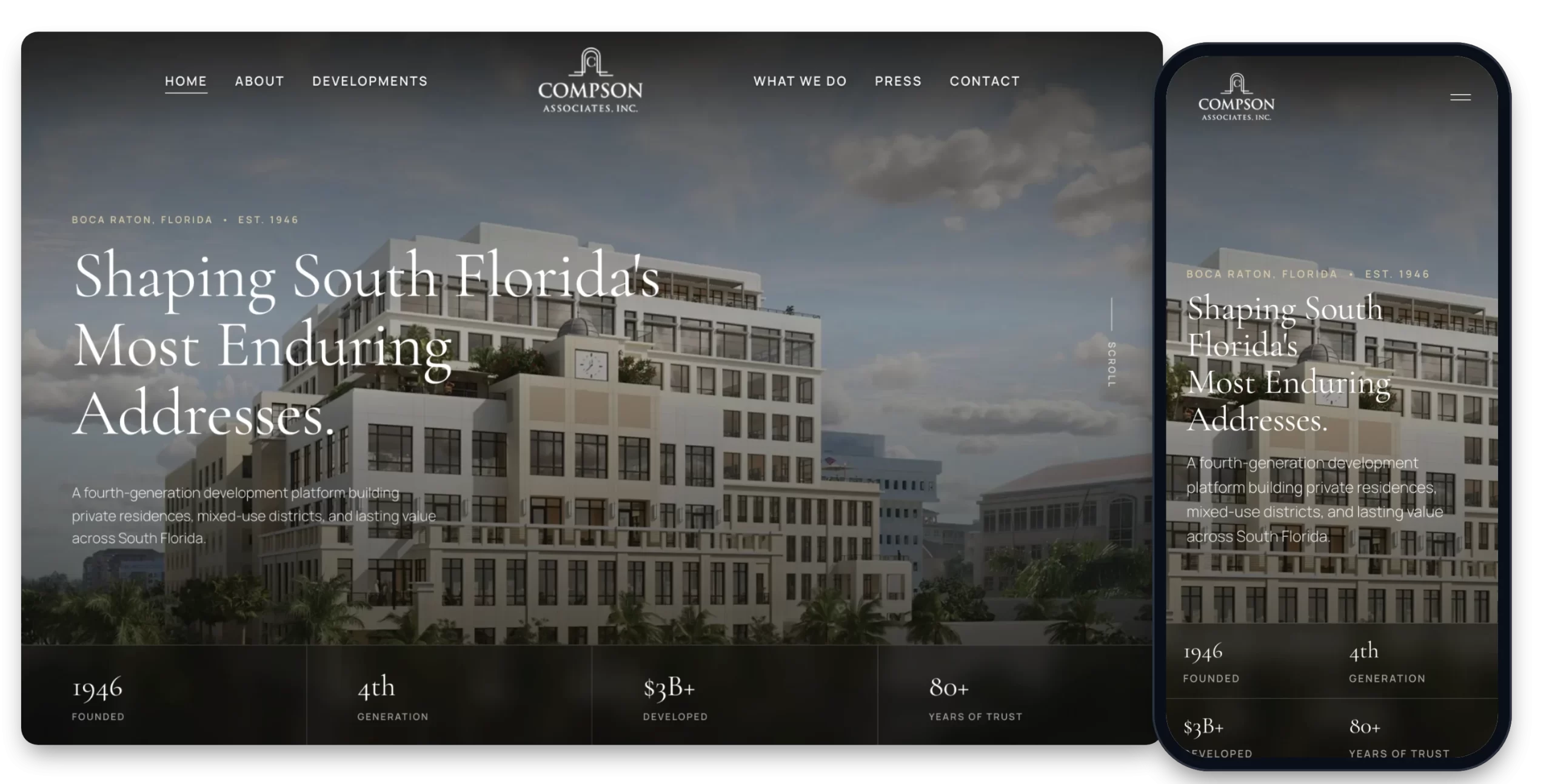 Compson Associates website shown on desktop and mobile, designed and developed by Creative Mindworks