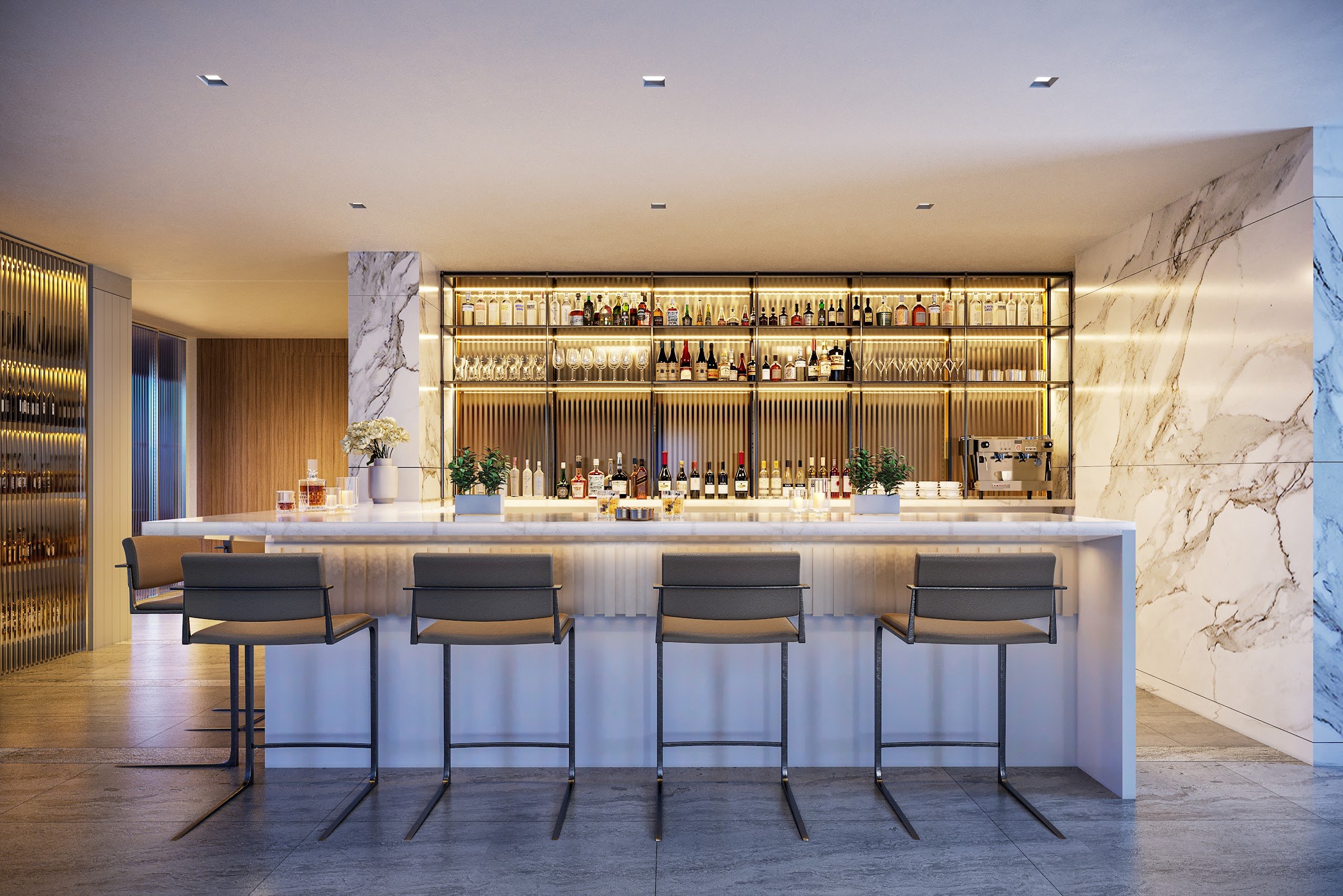 Rendering of a renovated resident lounge and bar amenity