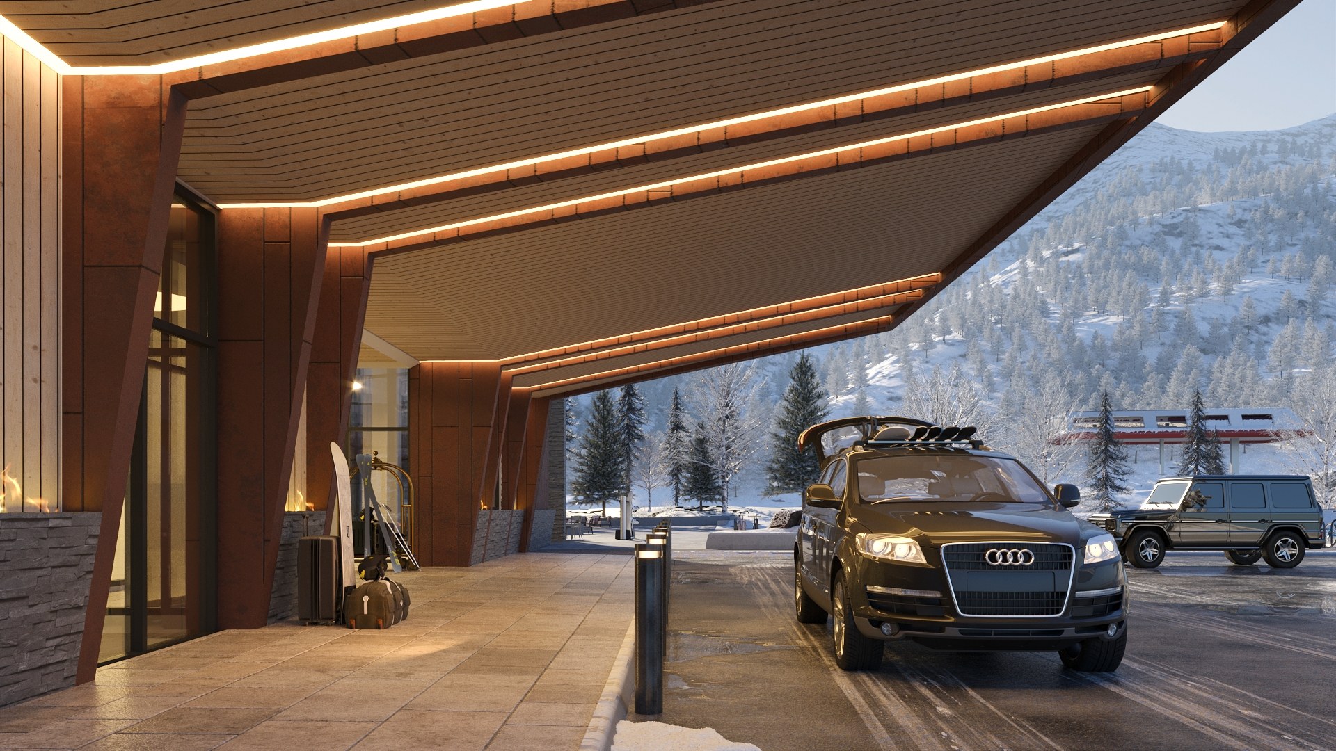 Rendering of a residential building arrival and garage