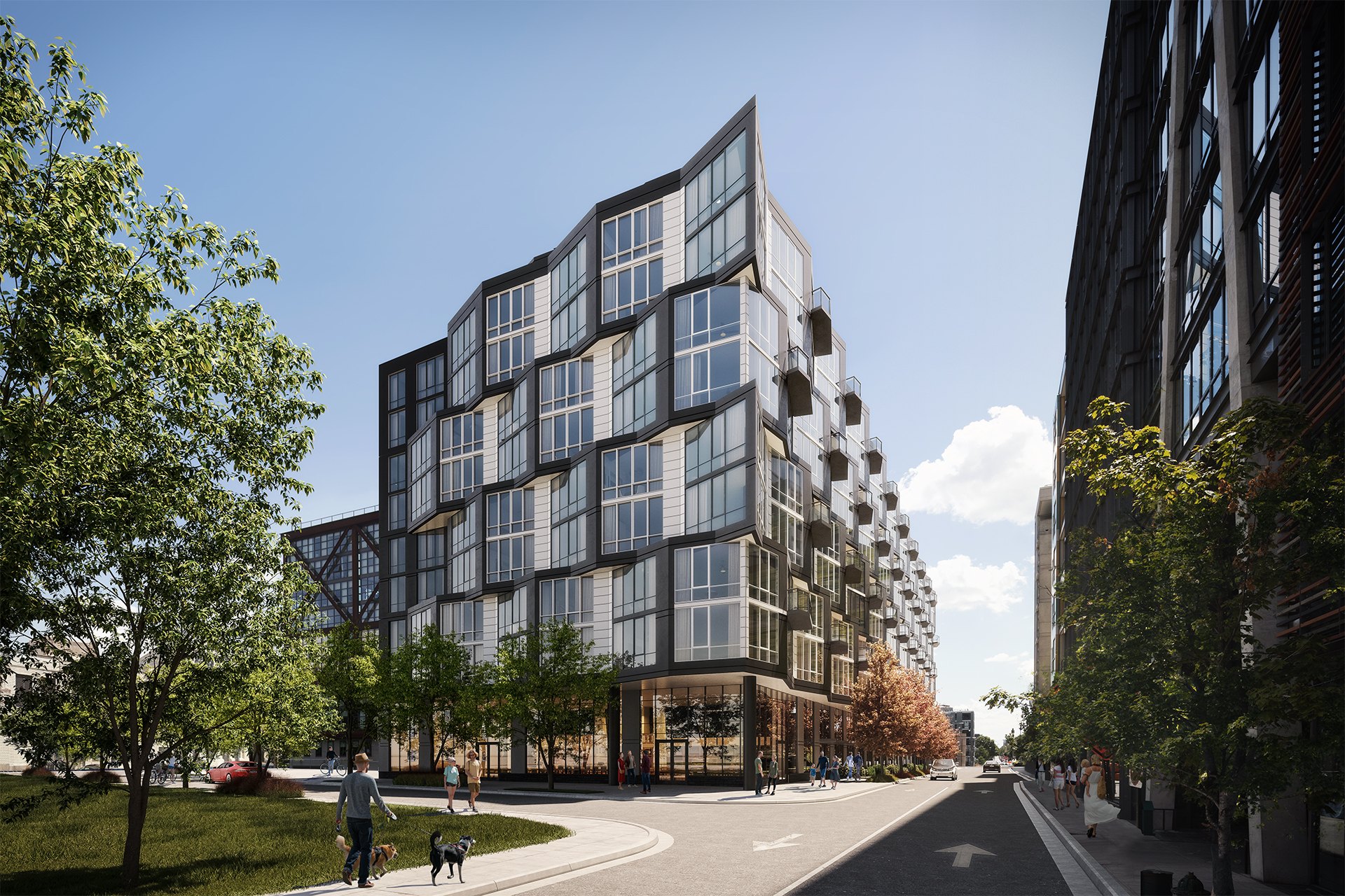 Exterior rendering of a renovated mid-rise residential building for a condo conversion