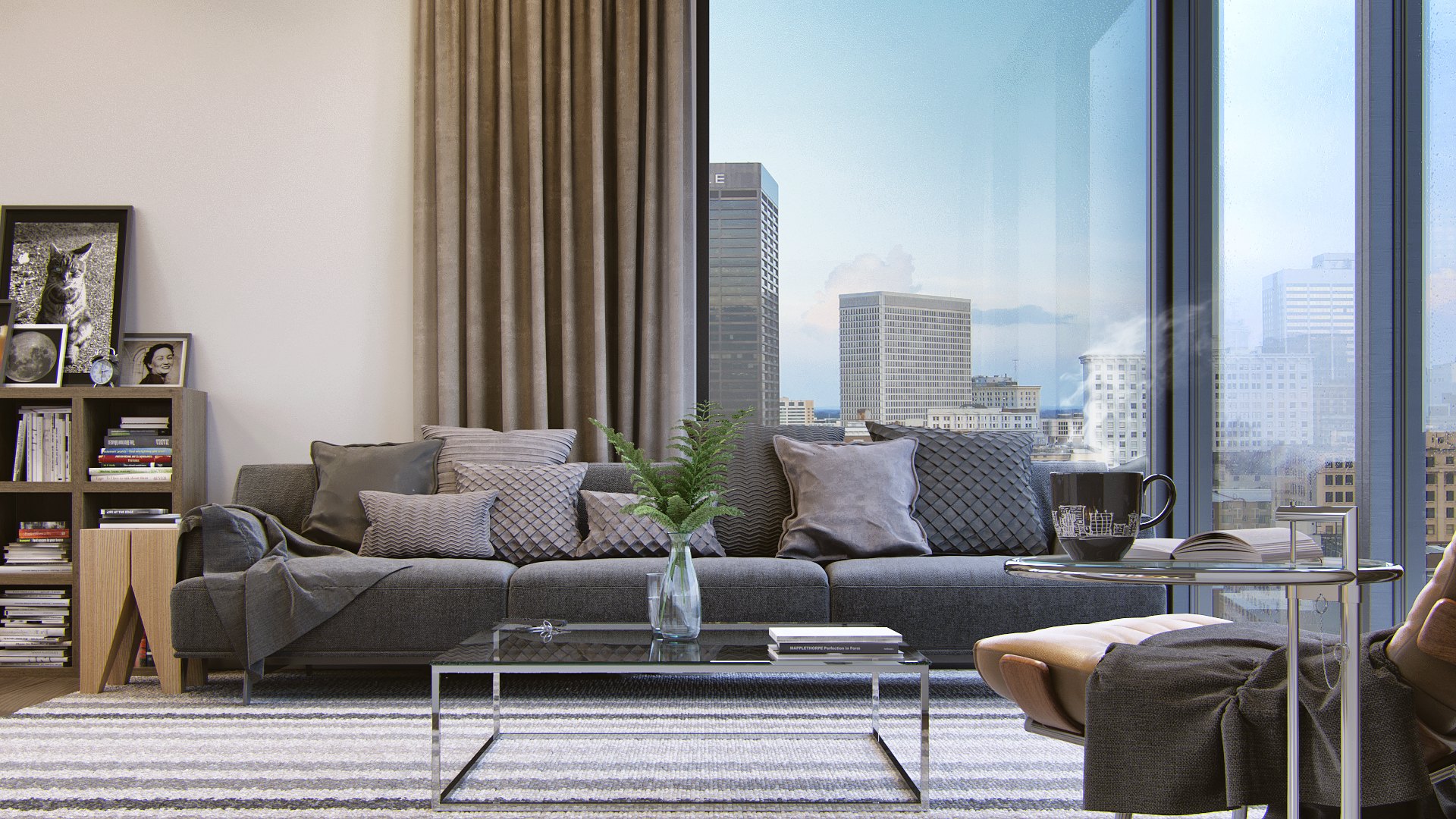 Interior rendering of an upgraded condo model unit living room with city views