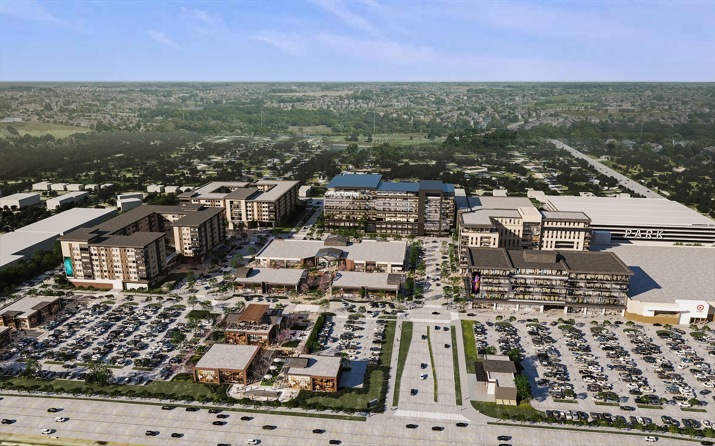 Aerial rendering of a residential community and surrounding neighborhood