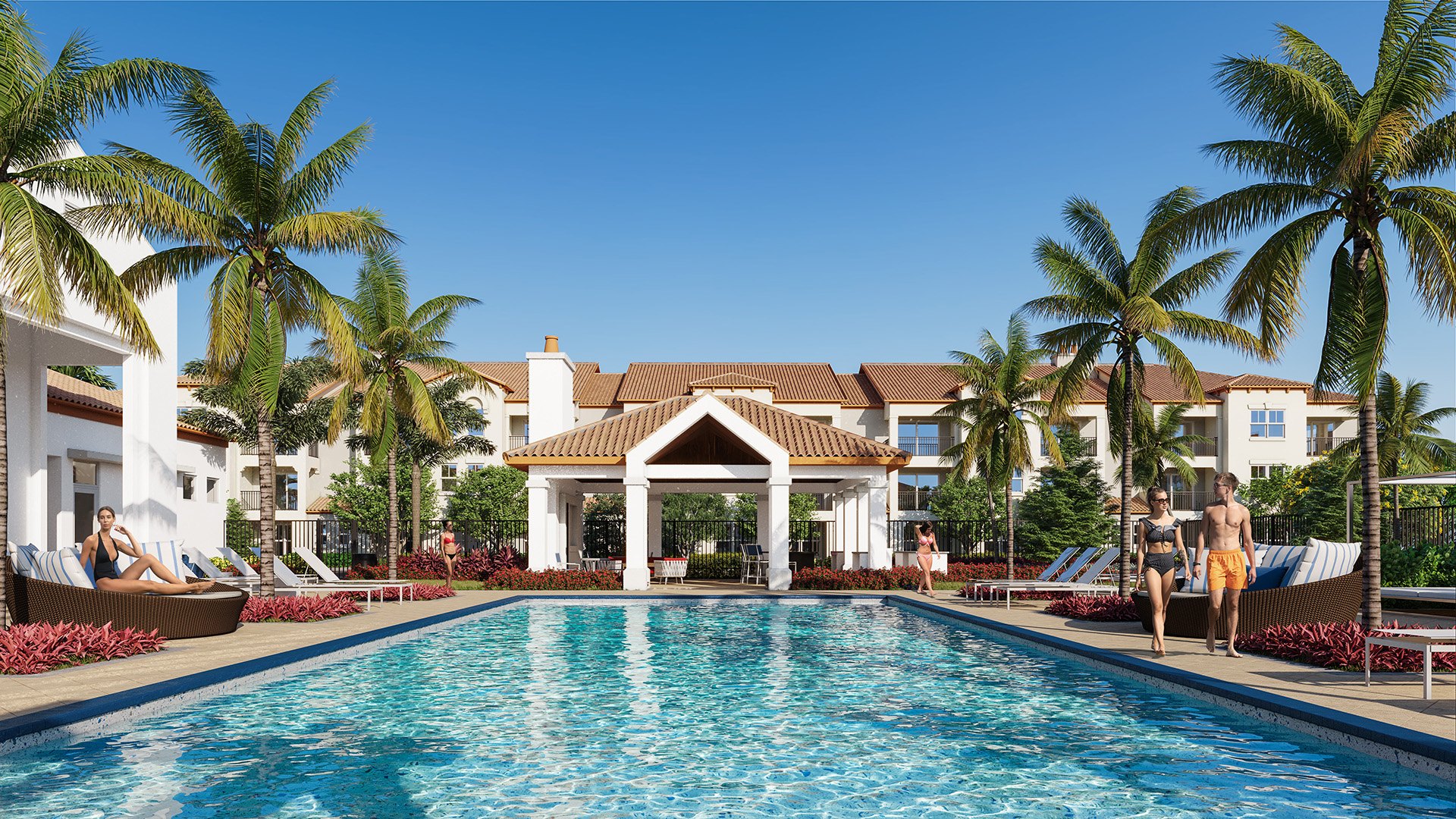 Rendering of a Mediterranean-style residential community pool courtyard
