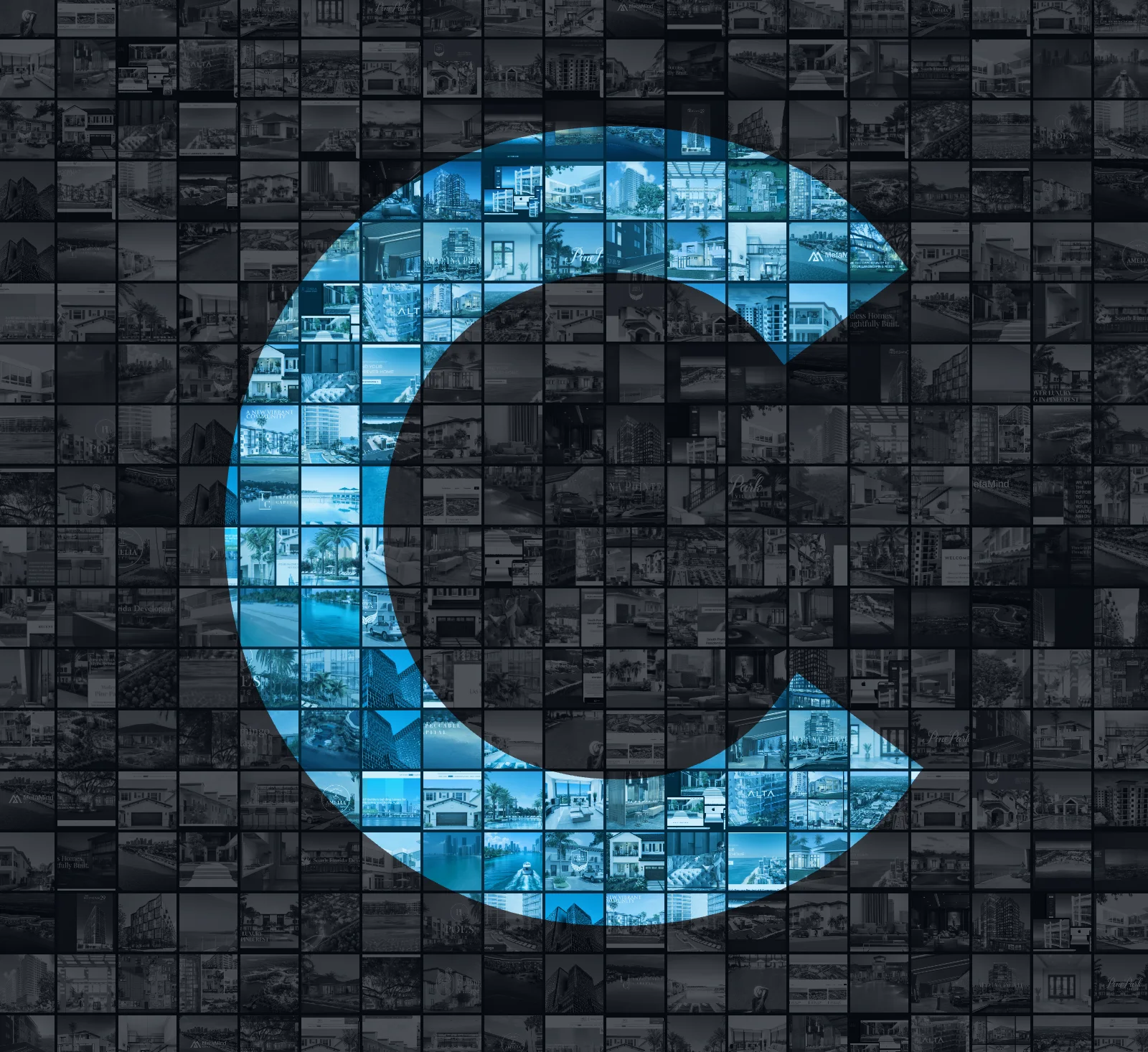 Photomosaic of real estate projects marketed by Creative Mindworks, with the CMW logo “C” highlighted in blue