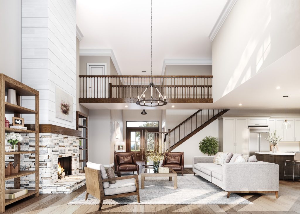 Interior 3D rendering of a double-height living and dining room