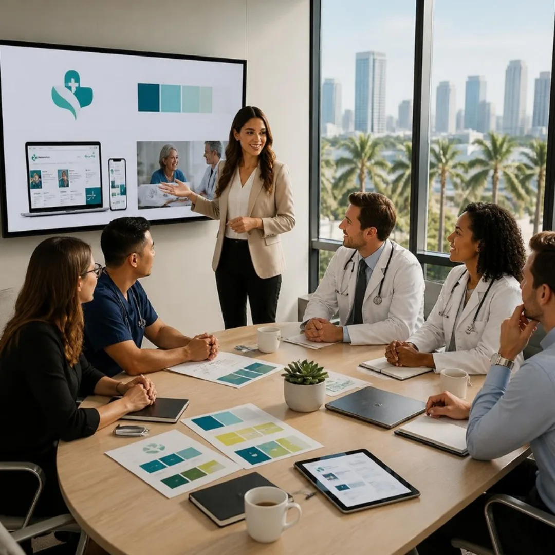 Physicians and a marketing strategist reviewing a medical practice brand, website and patient education video in a Miami boardroom