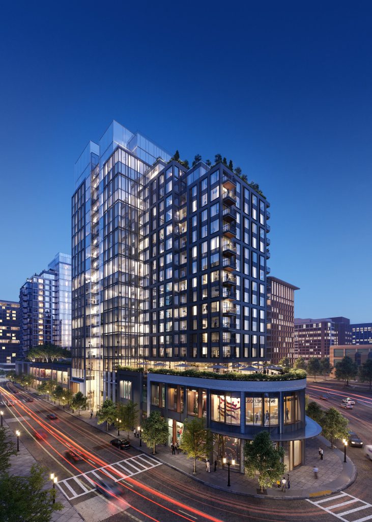 Exterior 3D rendering of a glass high-rise residential tower at dusk