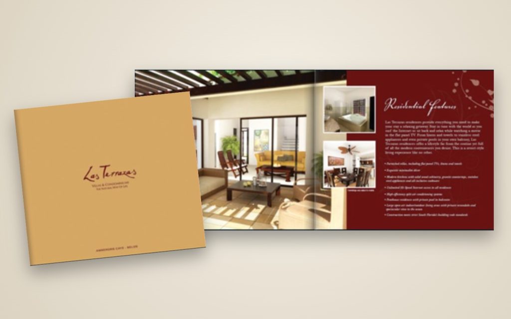 Las Terrazas Belize brochure cover and interior spread designed by Creative Mindworks
