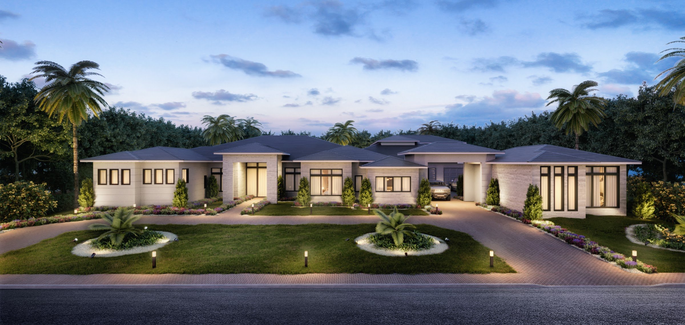 Photoreal exterior rendering of a luxury single-family home at dusk