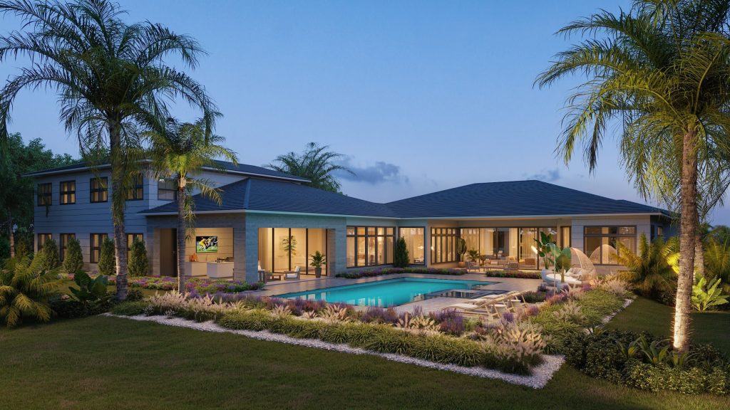 3D rendering of a luxury home rear facade with pool and landscaping