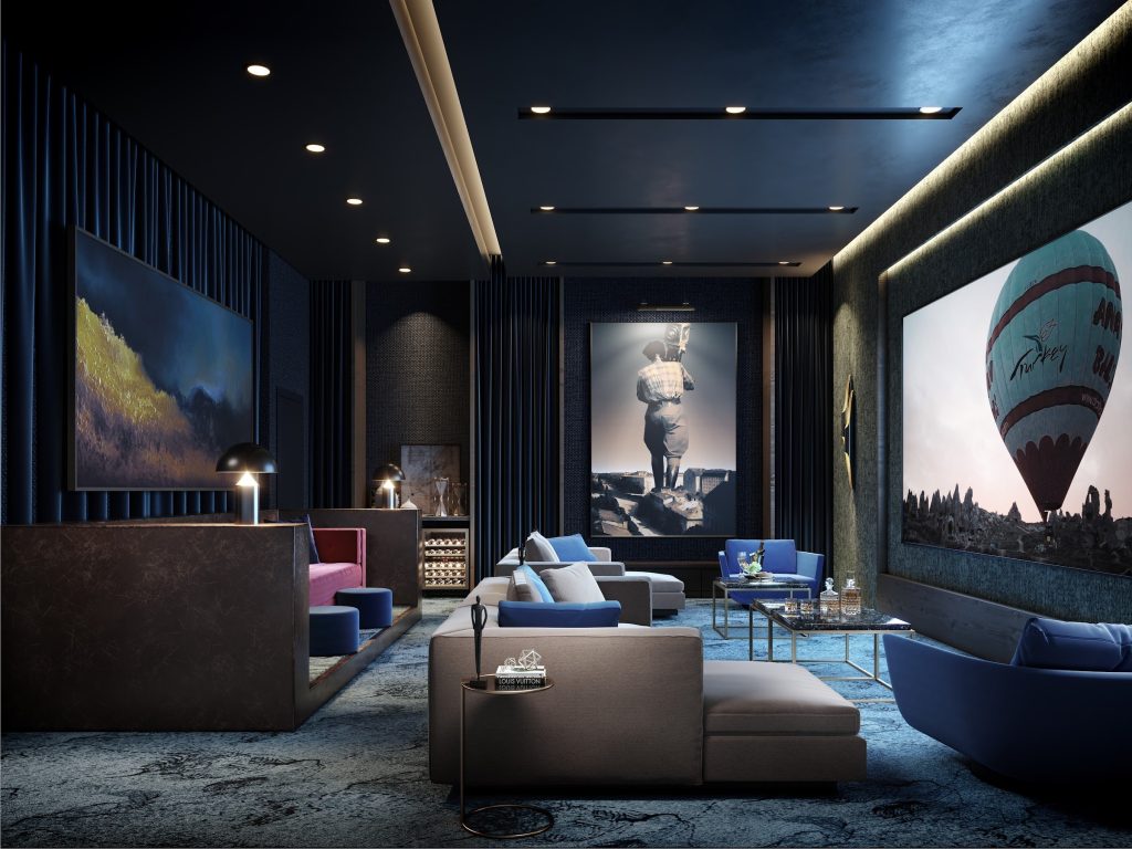 Interior 3D rendering of a residential media lounge with moody lighting