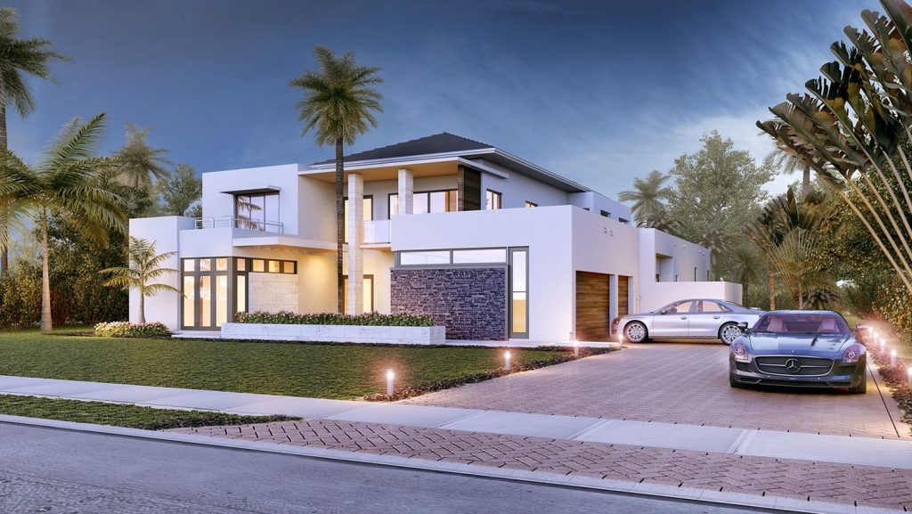 Exterior 3D rendering of a modern two-story residence at dusk