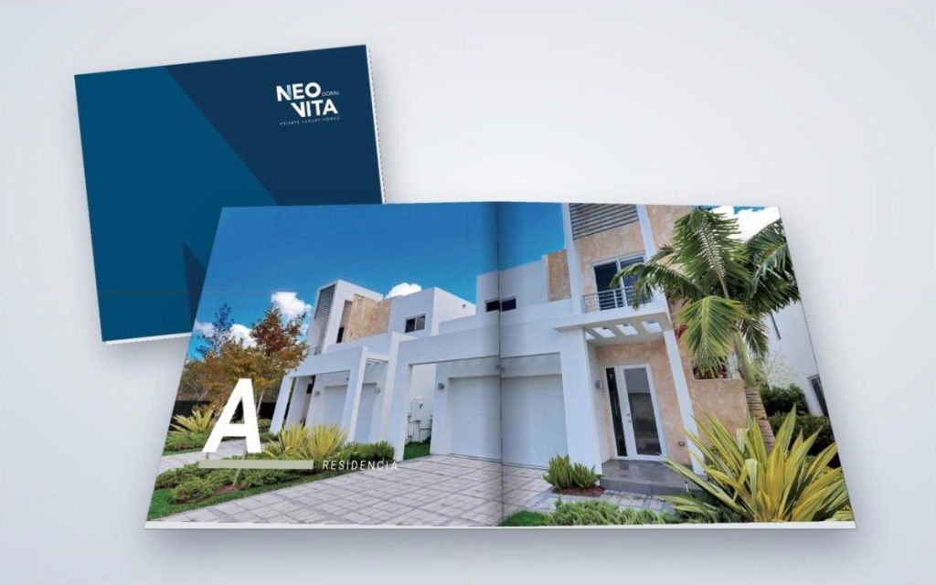 NeoVita Doral private luxury homes brochure cover and Residence A spread, designed by Creative Mindworks