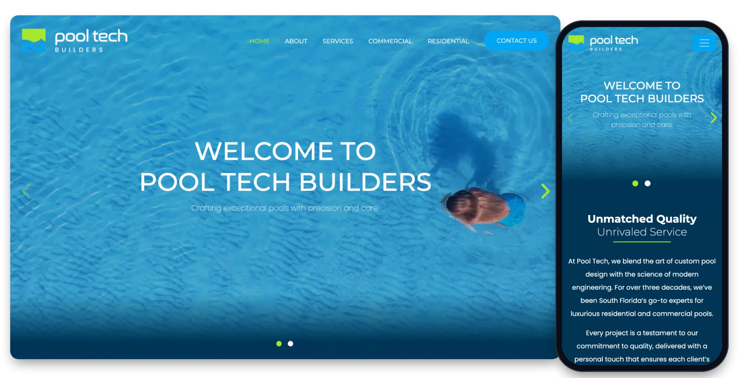 Pool Tech Builders website shown on desktop and mobile, designed and developed by Creative Mindworks