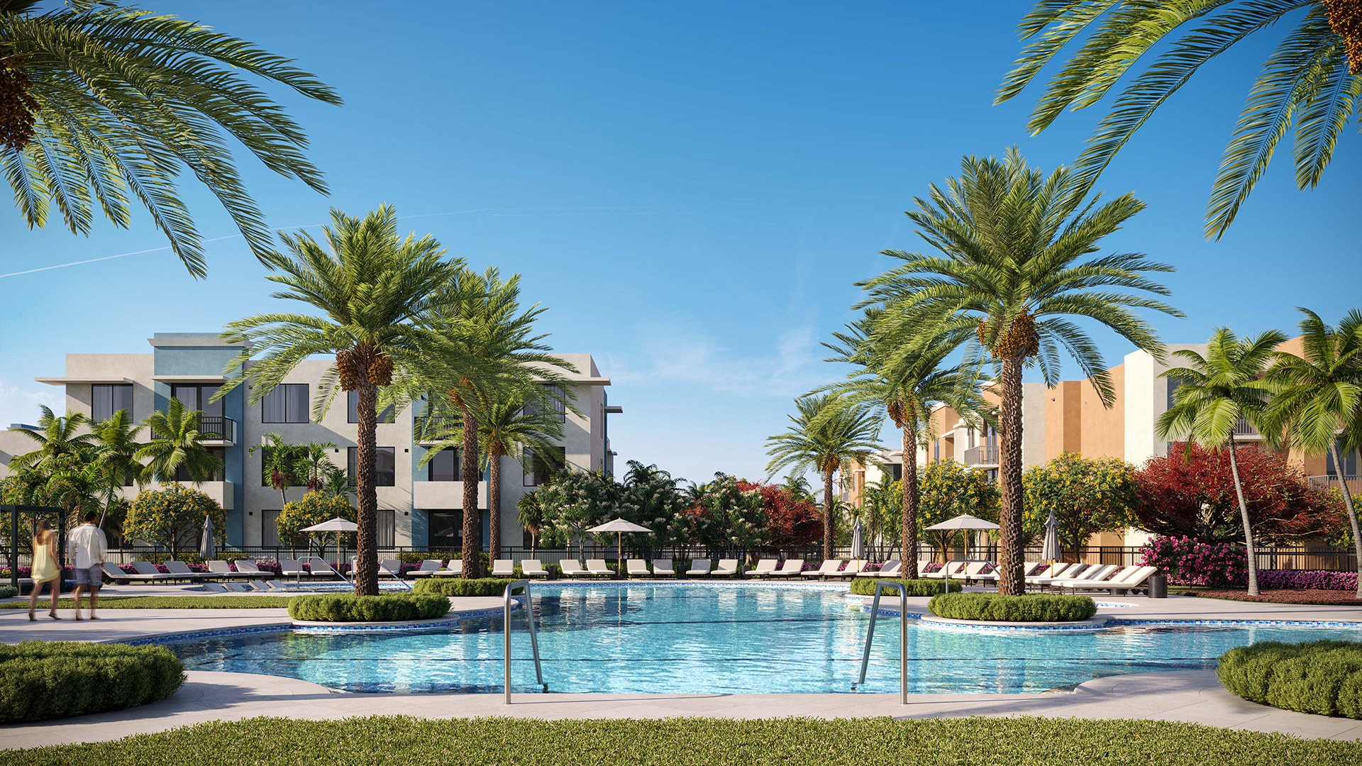 Rendering of a resort pool surrounded by palms