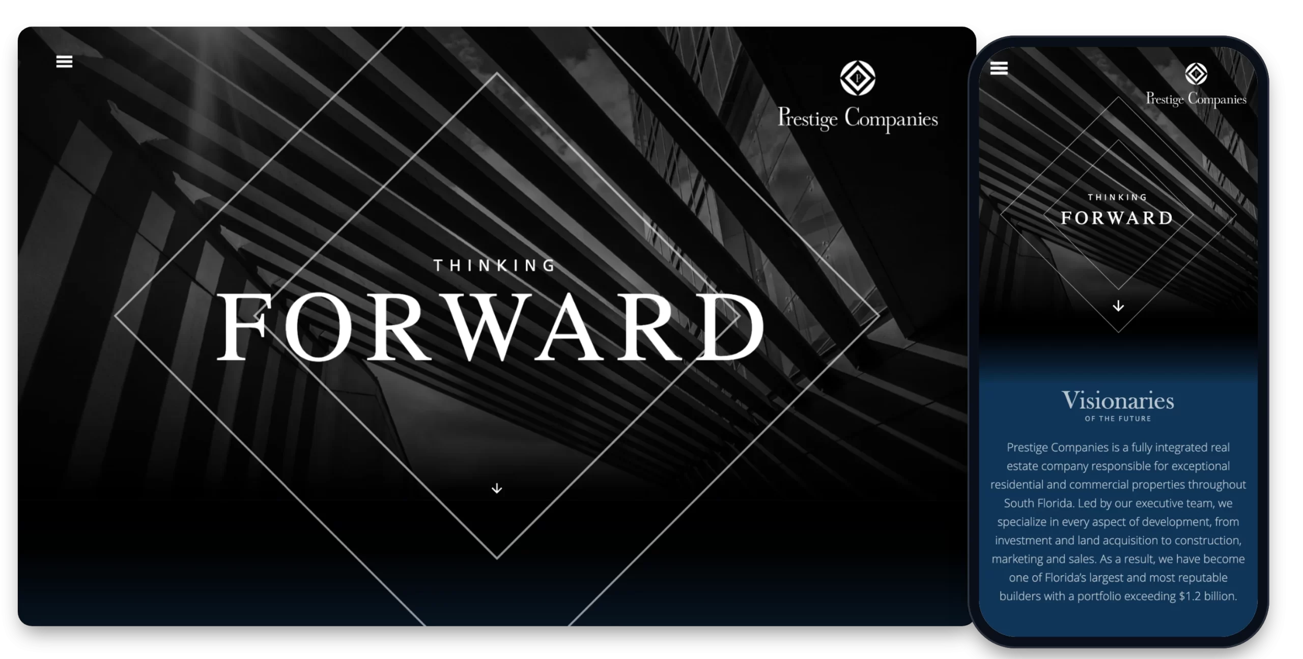 Prestige Companies website shown on desktop and mobile, designed and developed by Creative Mindworks