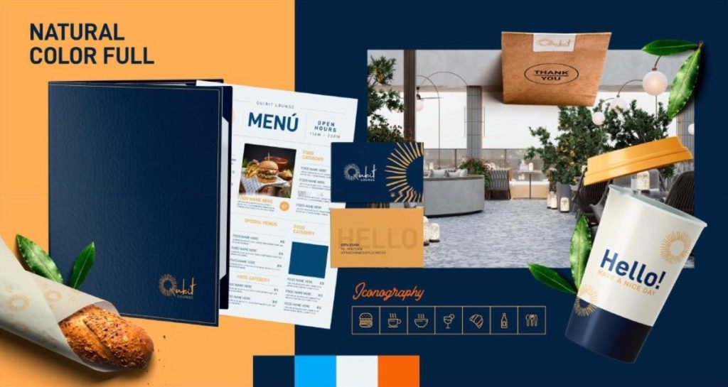 Qubit Lounge brand moodboard in navy and orange with menu, packaging and iconography