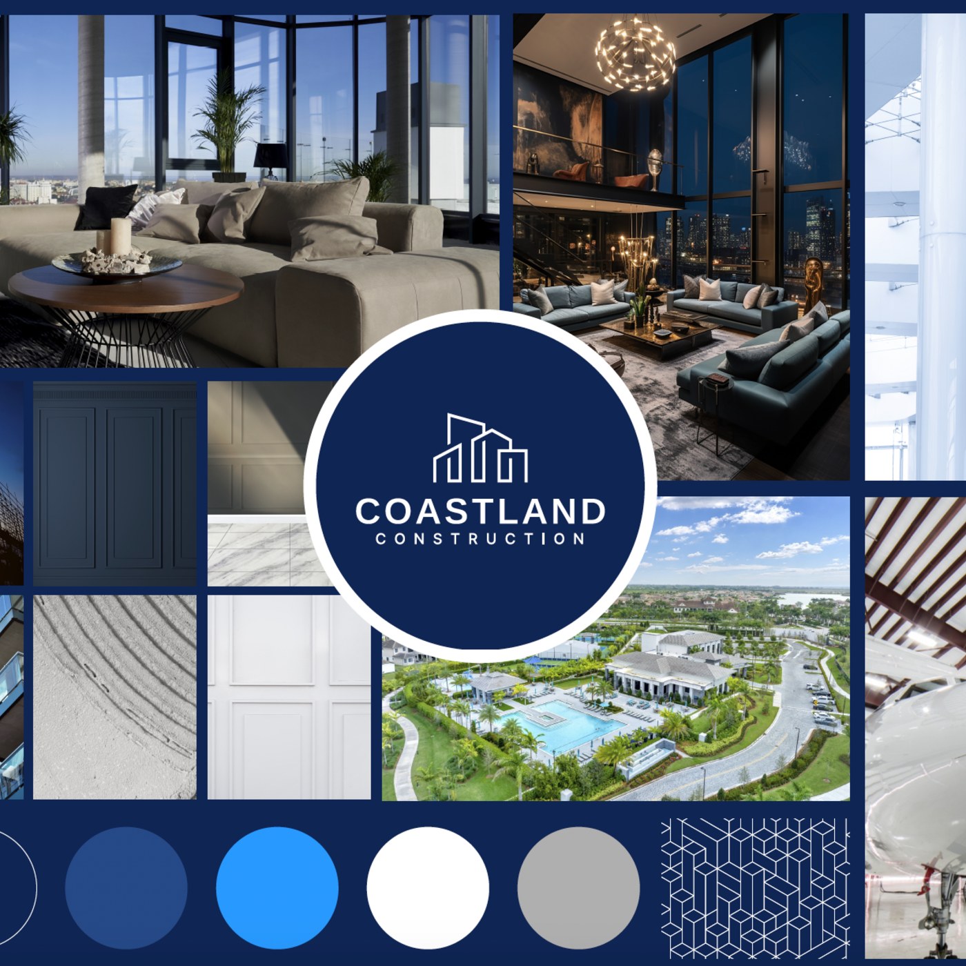 Brand identity board for Coastland Construction with color palette and imagery
