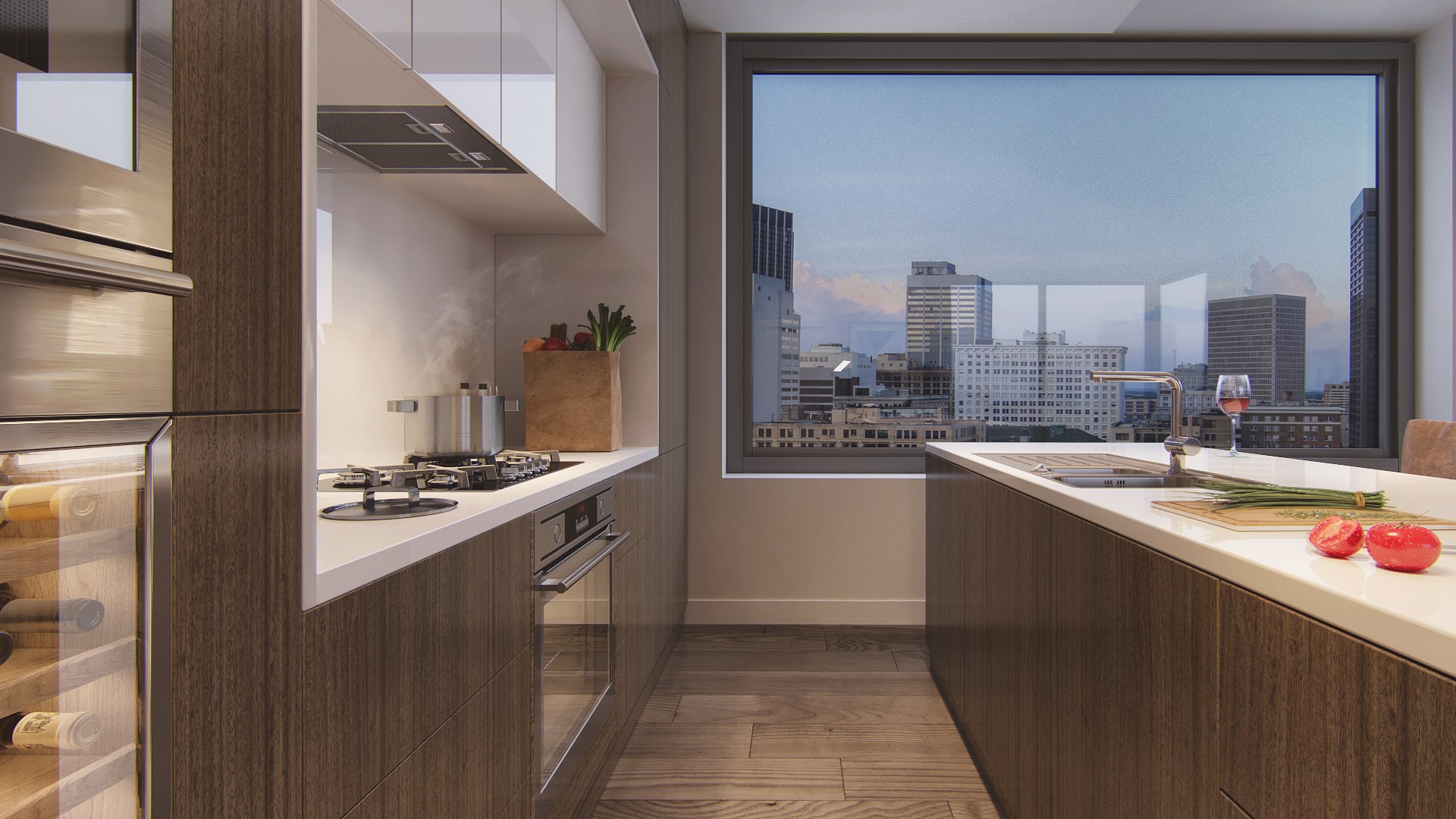 Rendering of a renovated condo kitchen with city views