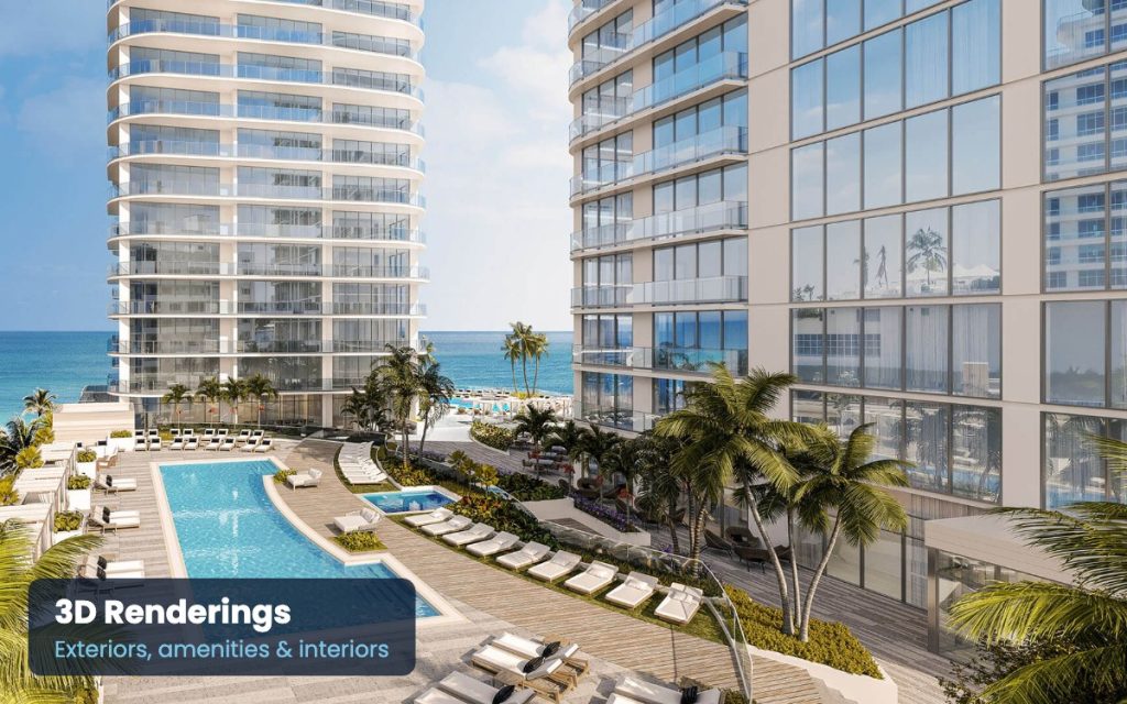 3D exterior rendering of a beachfront condominium tower and pool deck