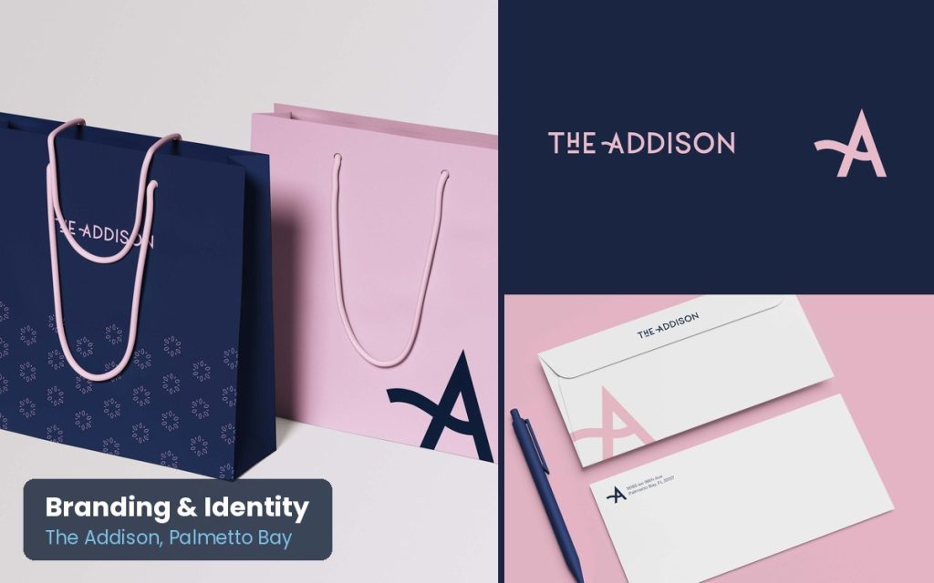 The Addison Palmetto Bay townhome brand identity: logo, shopping bags and envelopes