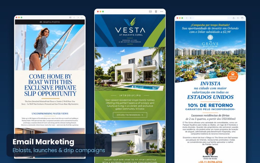 Real estate email marketing campaigns for Marina Pointe, a Doral single-family community and The Grove Resort Orlando