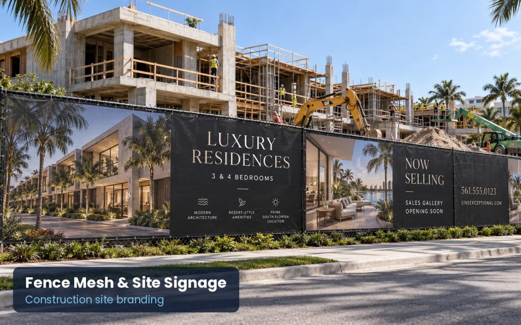 Construction fence mesh banners for a luxury residential development showing renderings, Now Selling messaging and sales gallery details